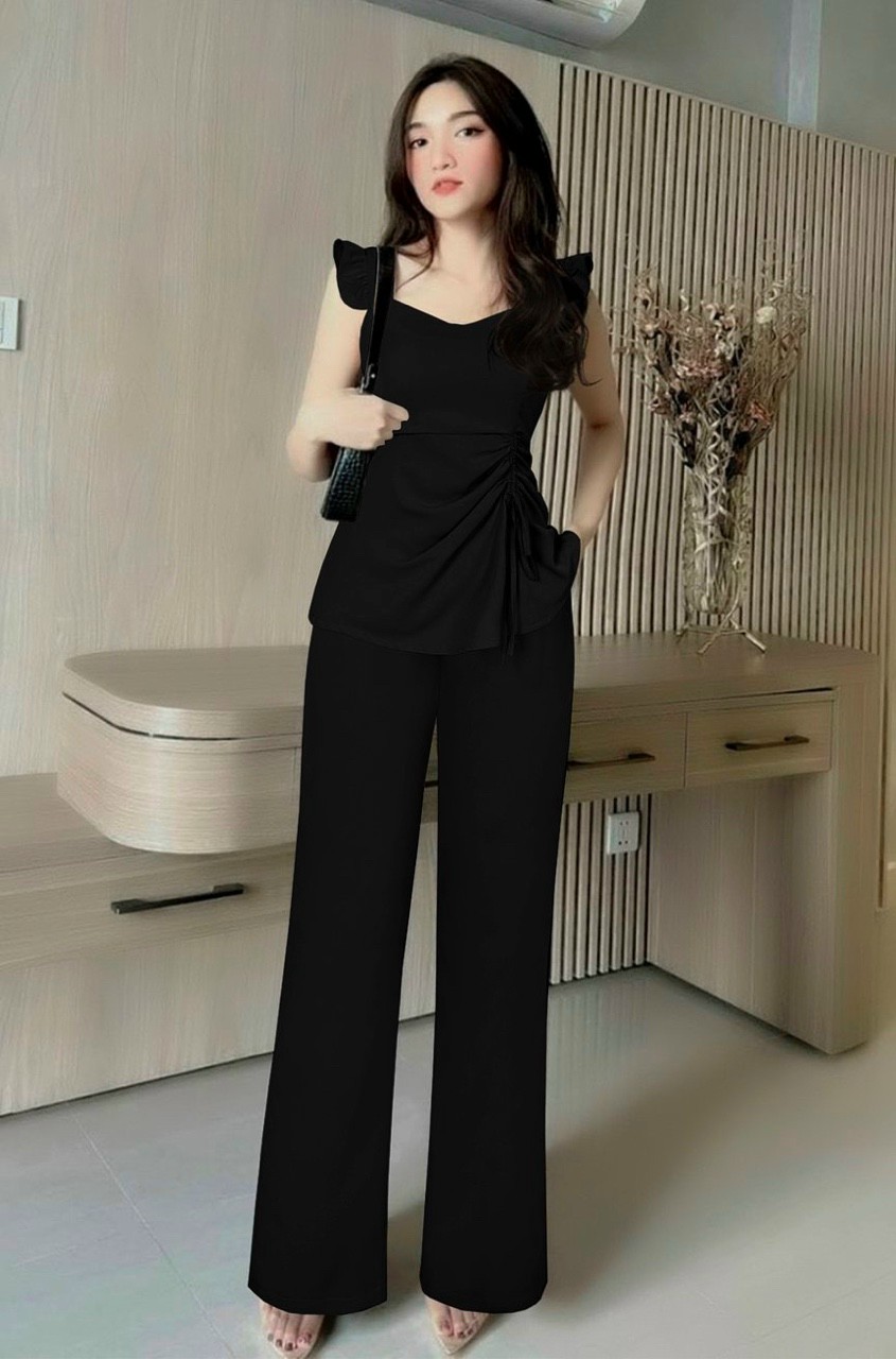 Set nguyên bộ Đồ bộ ống rộng kiểu mới, áo 2 dây bản to bèo xếp ly eo xinh xắn